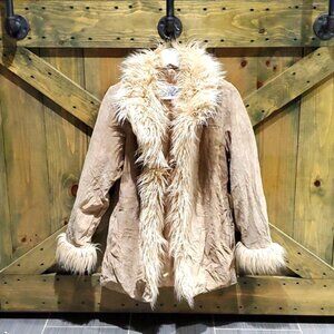 VINTAGE WILSON LEATHER COAT WITH FURRY COLLAR AND TRIM SIZE SMALL